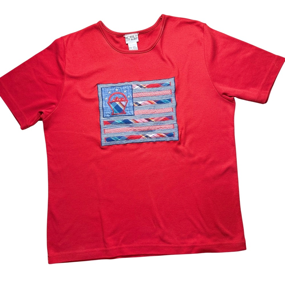 Vintage Americana Patchwork Flag T-Shirt Womens M Red‎ Apple Basket cottagecore